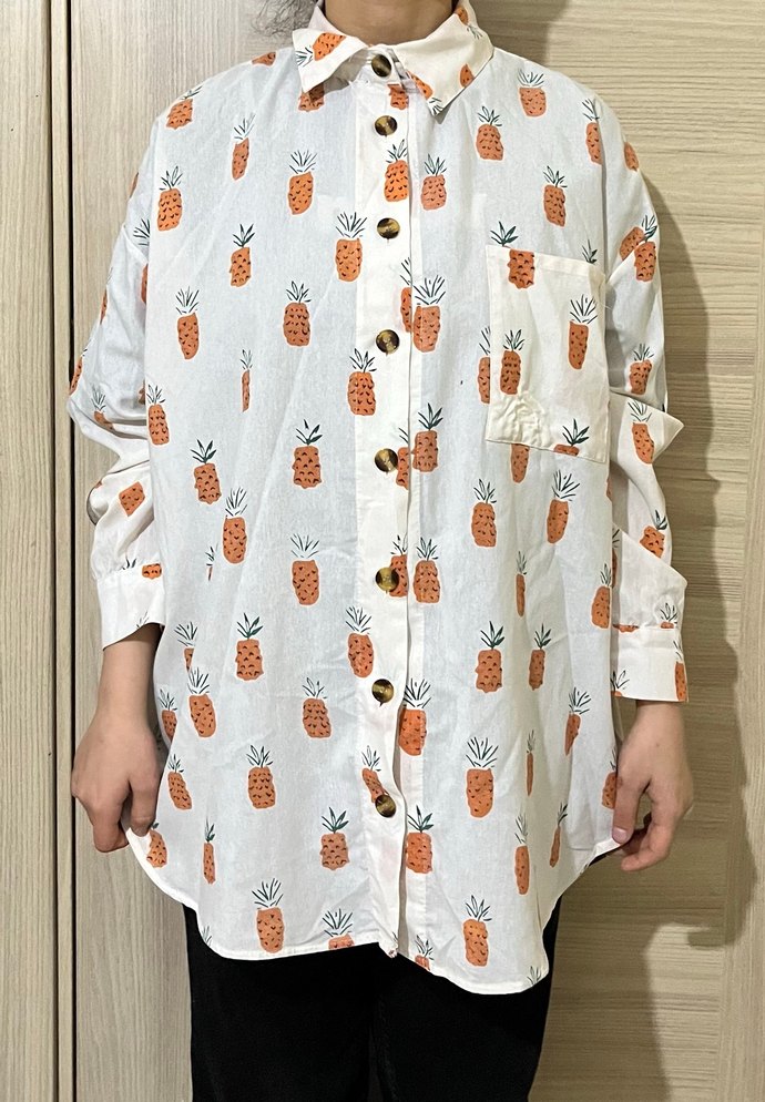 Beyaz Ananas Desenli Uzun Kollu Kadın Gömlek - Görsel 3