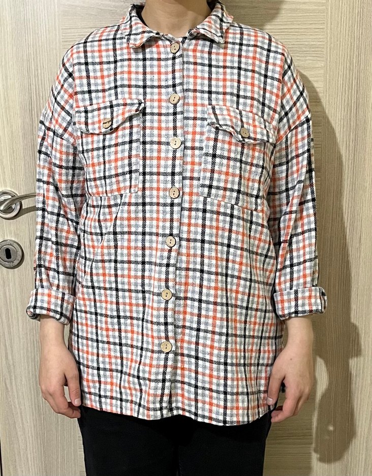 Düğmeli Ekose Desenli Salaş Kadın Gömlek - Görsel 2