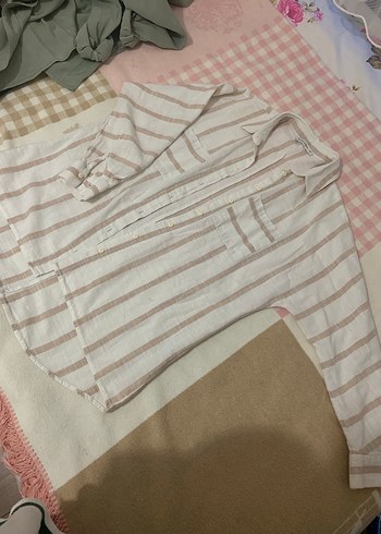 Bej Çizgili Keten Kadın Gömlek - Görsel 2