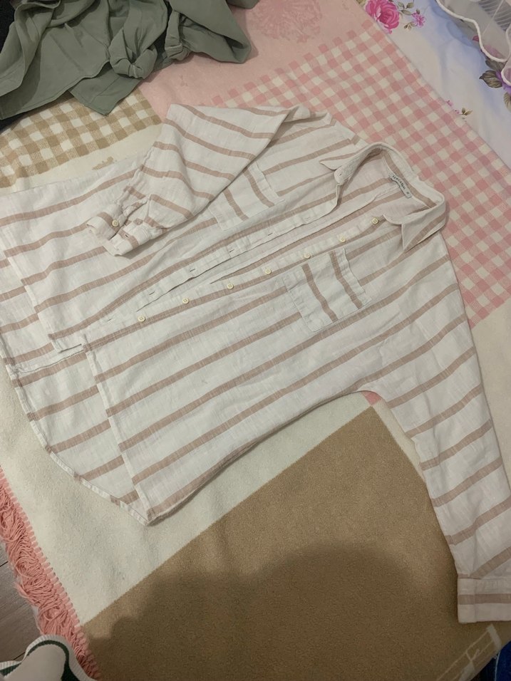 Bej Çizgili Keten Kadın Gömlek - Görsel 2