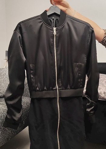 Siyah Kadın İnce Fermuarlı Ceket - Görsel 2