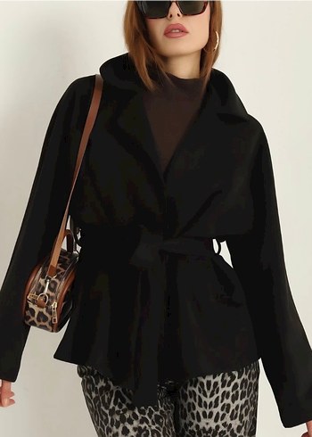 Siyah Süet Kemerli Mini Kadın Kaban - Görsel 2