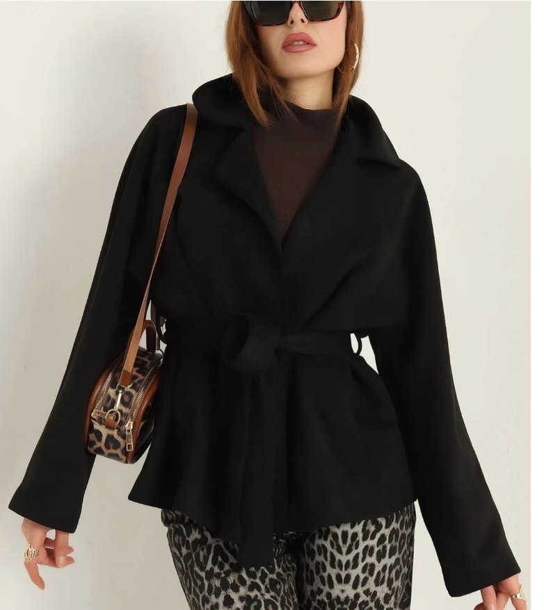 Siyah Süet Kemerli Mini Kadın Kaban - Görsel 2