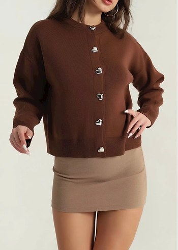 Kadın Kahverengi Düğmeli Triko Hırka - Görsel 2