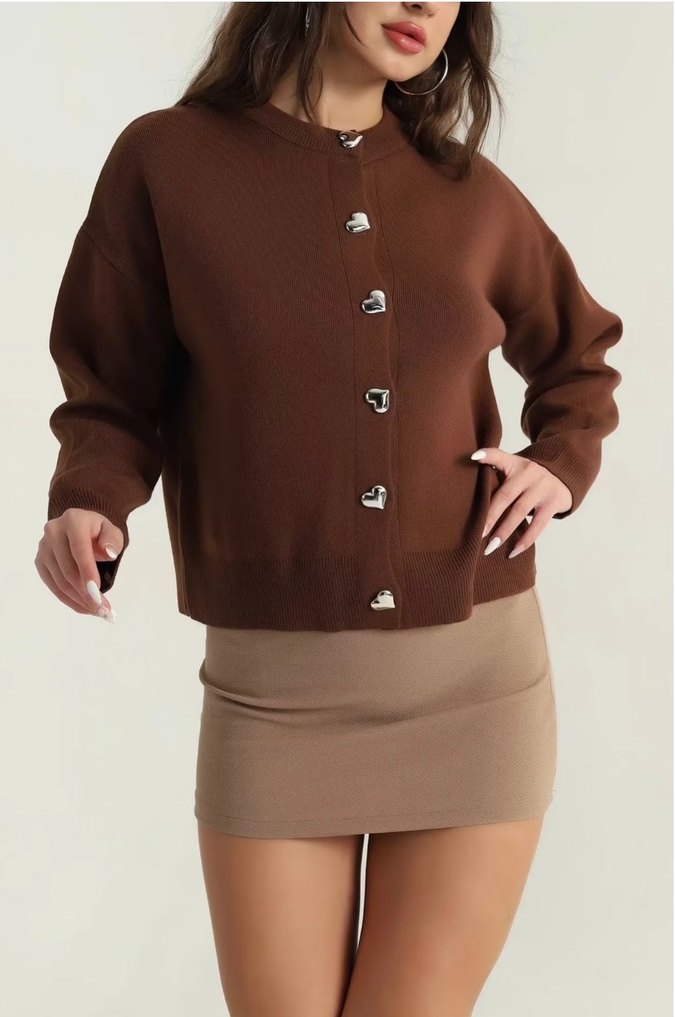 Kadın Kahverengi Düğmeli Triko Hırka - Görsel 2