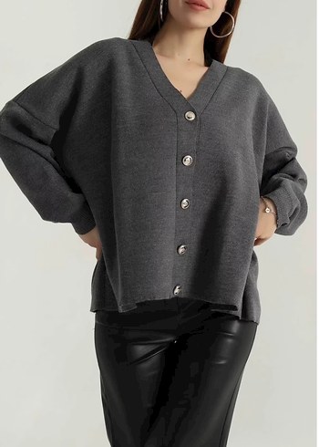 Düğmeli Gri Kadın Yün Hırka - Görsel 2