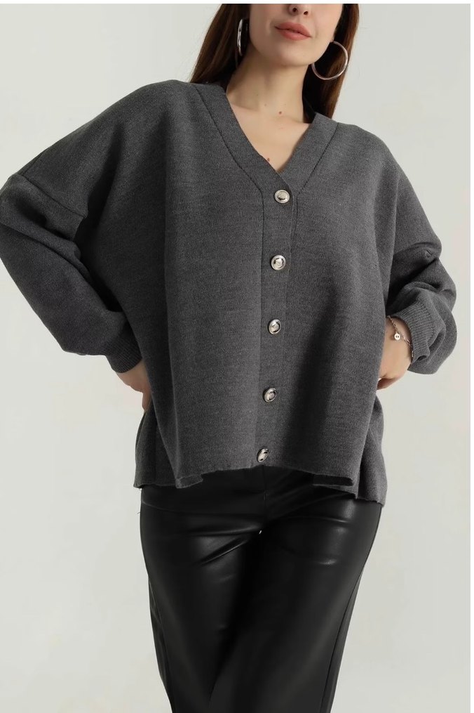 Düğmeli Gri Kadın Yün Hırka - Görsel 2