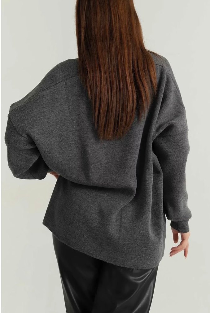 Düğmeli Gri Kadın Yün Hırka - Görsel 3