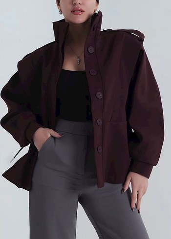 Bordo Kemerli Midi Kadın Ceket - Görsel 3