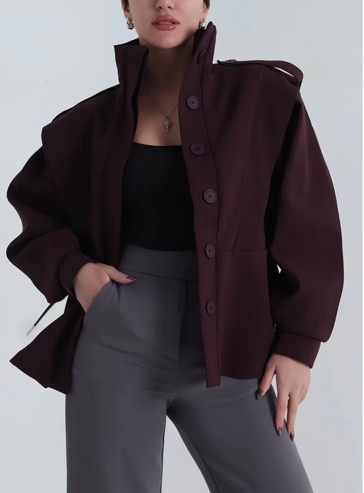 Bordo Kemerli Midi Kadın Ceket - Görsel 3