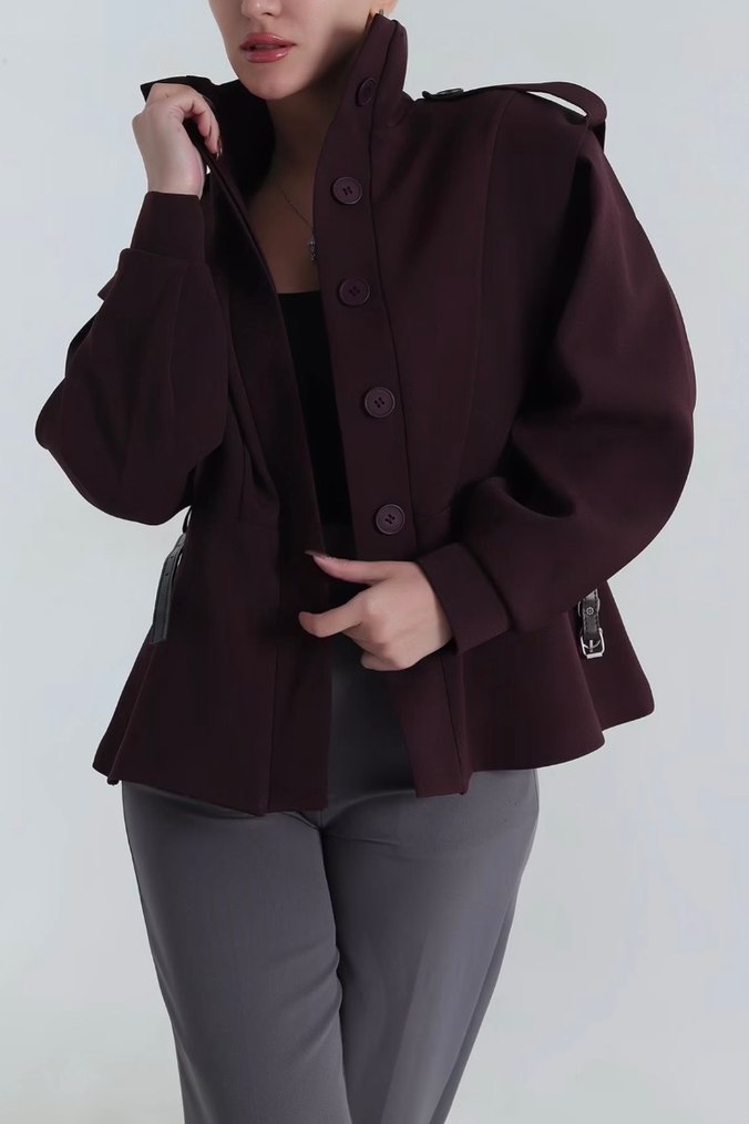Bordo Kemerli Midi Kadın Ceket - Görsel 2