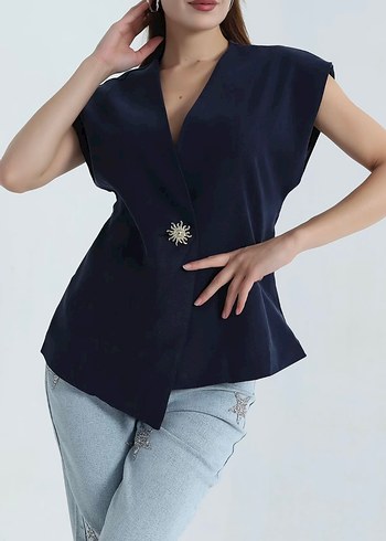 Düğmeli, V Yaka Lacivert Denim Bluz - Görsel 3