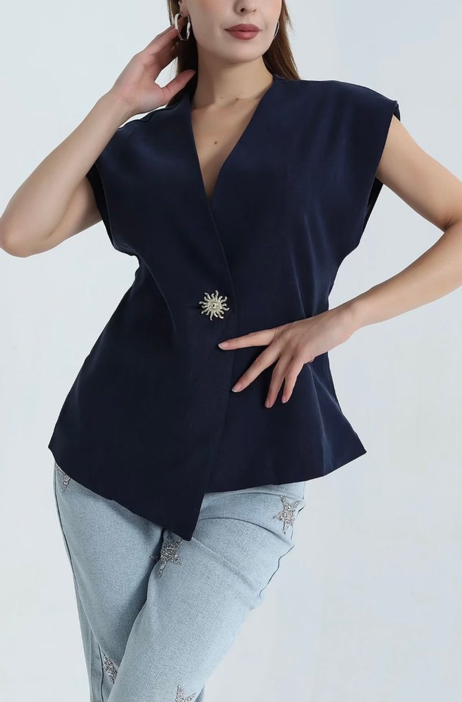 Düğmeli, V Yaka Lacivert Denim Bluz - Görsel 3