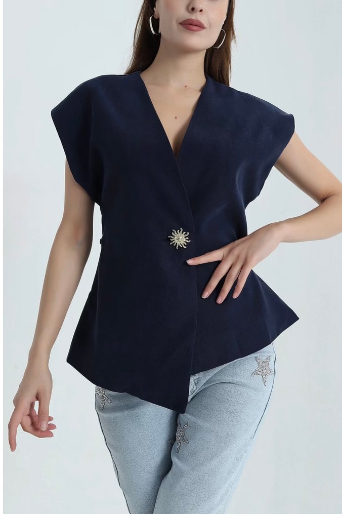 Düğmeli, V Yaka Lacivert Denim Bluz - Görsel 2