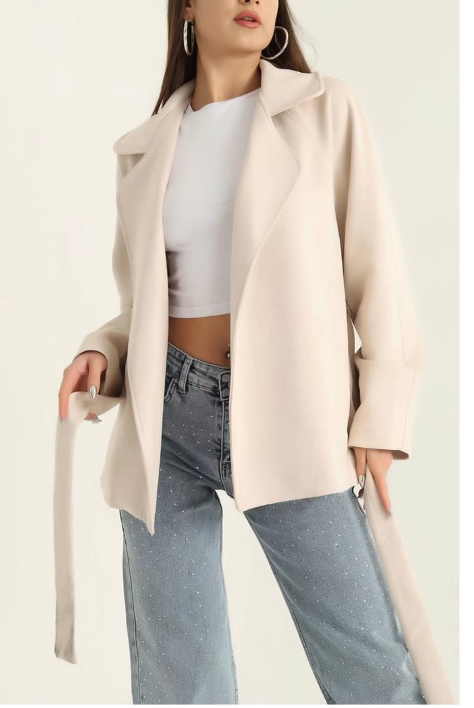 Bej Süet Kuşaklı Midi Kadın Kaban - Görsel 3