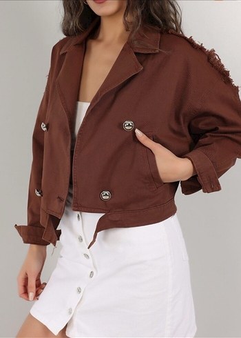 Düğmeli Kahverengi Mini Denim Ceket - Görsel 3