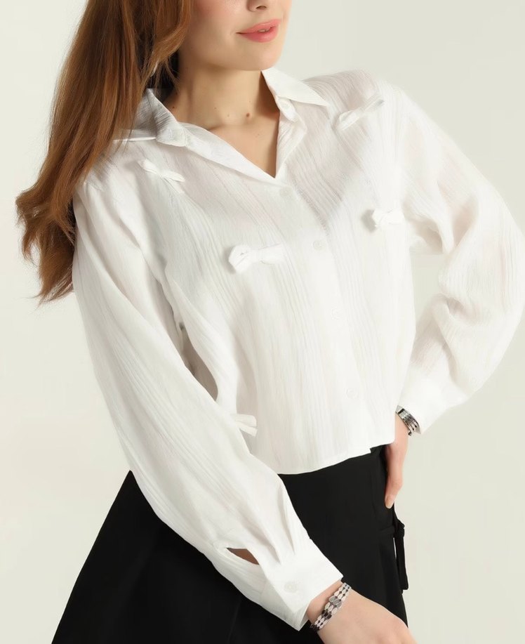 Düğmeli Beyaz V Yaka Keten Kadın Gömlek - Görsel 3