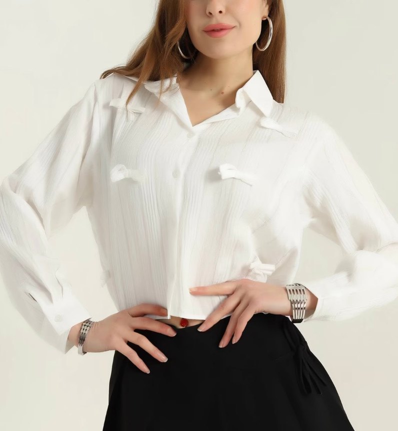 Düğmeli Beyaz V Yaka Keten Kadın Gömlek - Görsel 2