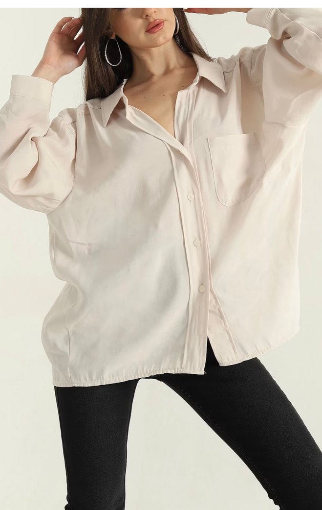 Bej V Yaka Kadın Gömlek - Görsel 2