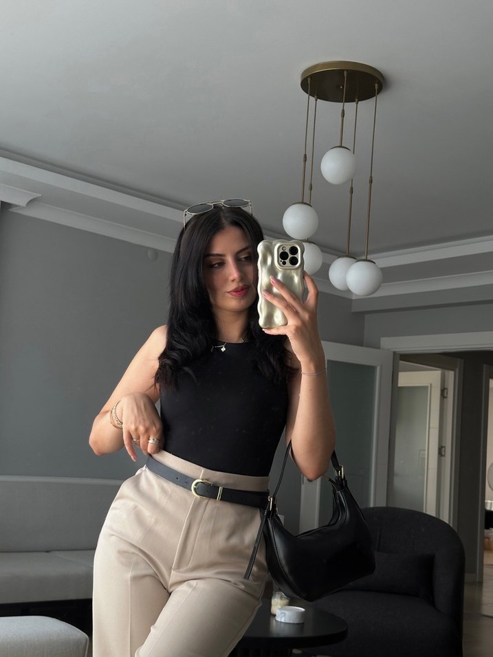 Bej paçaları manşetli kalem pantolon - Görsel 2