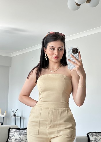 Bej Straplez Uzun Kadın Tulum - Görsel 5