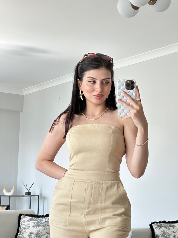 Bej Straplez Uzun Kadın Tulum - Görsel 5