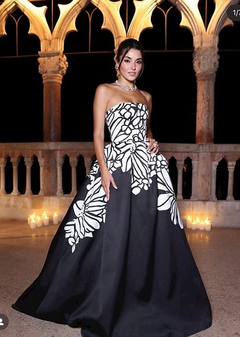 Baskılı Straplez Uzun Abiye Elbise - Görsel 3