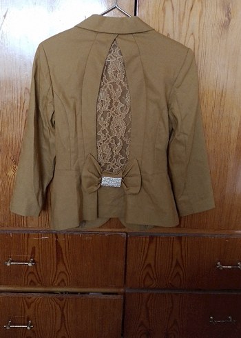 Bej Düğmeli Kadın Keten Blazer - Görsel 2