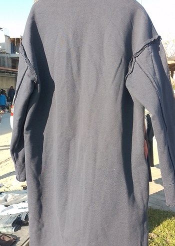 Gri Keten Kadın Uzun Düğmeli Kaban - Görsel 3