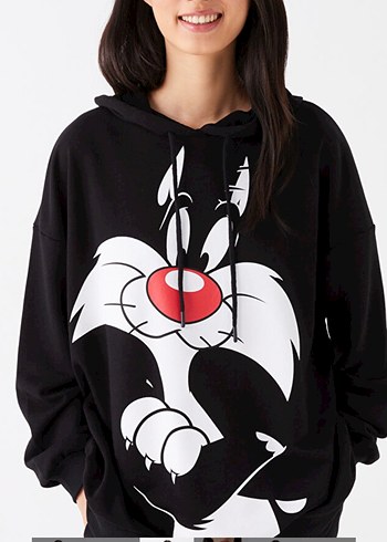 LC Waikiki Kadın Siyah Kapüşonlu Baskılı Sweatshirt