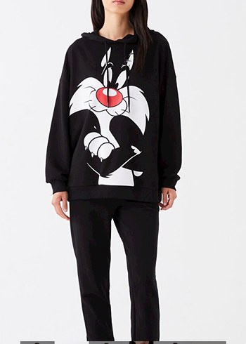 Kadın Siyah Kapüşonlu Baskılı Sweatshirt