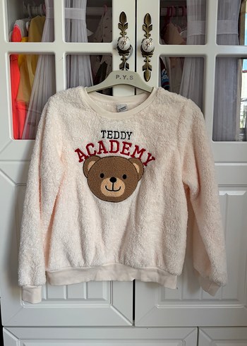 11-12 Yaş Beden Kız Çocuk Pudra Peluş Teddy Akademi Sweatshirt