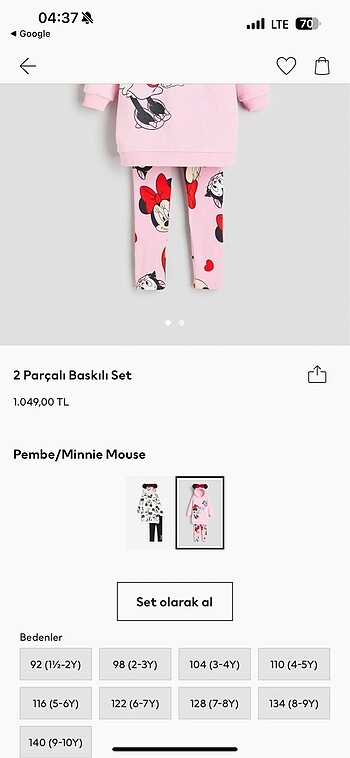 3 Yaş Beden pembe Renk H&M 2 li Kız Çocuk Mickey Takım