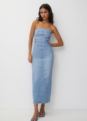 Pull and bear straplez denim elbise 