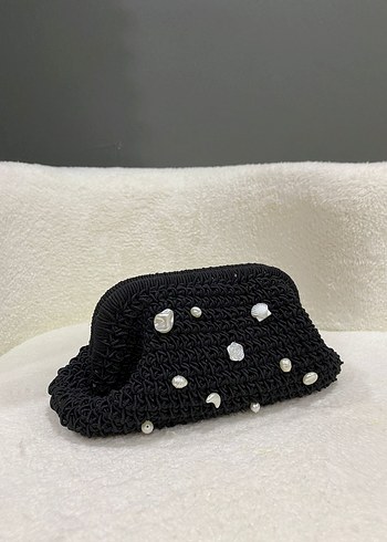 Siyah Nakışlı Örgü Kadın Clutch Çanta