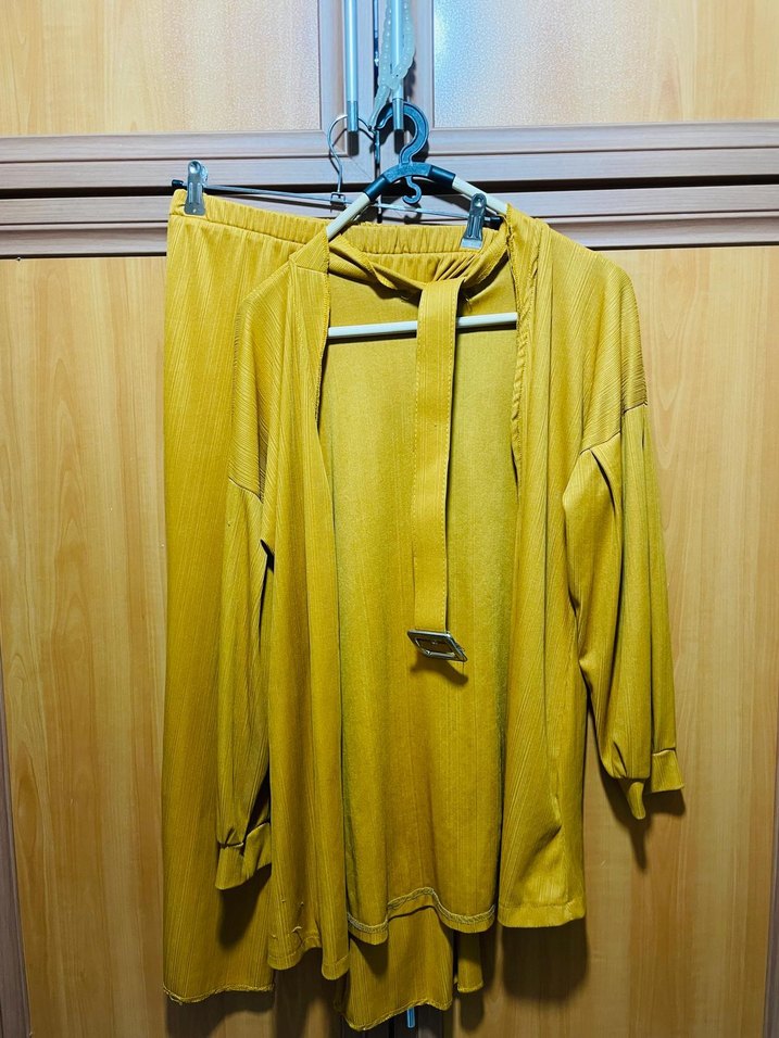 Sarı Uzun Kollu Salaş Kadın Hırka takım - Görsel 3