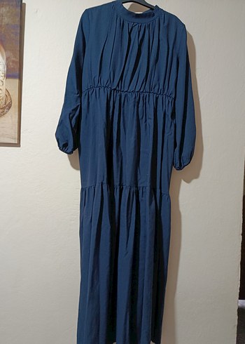 Lacivert Uzun Keten Elbise - Görsel 3