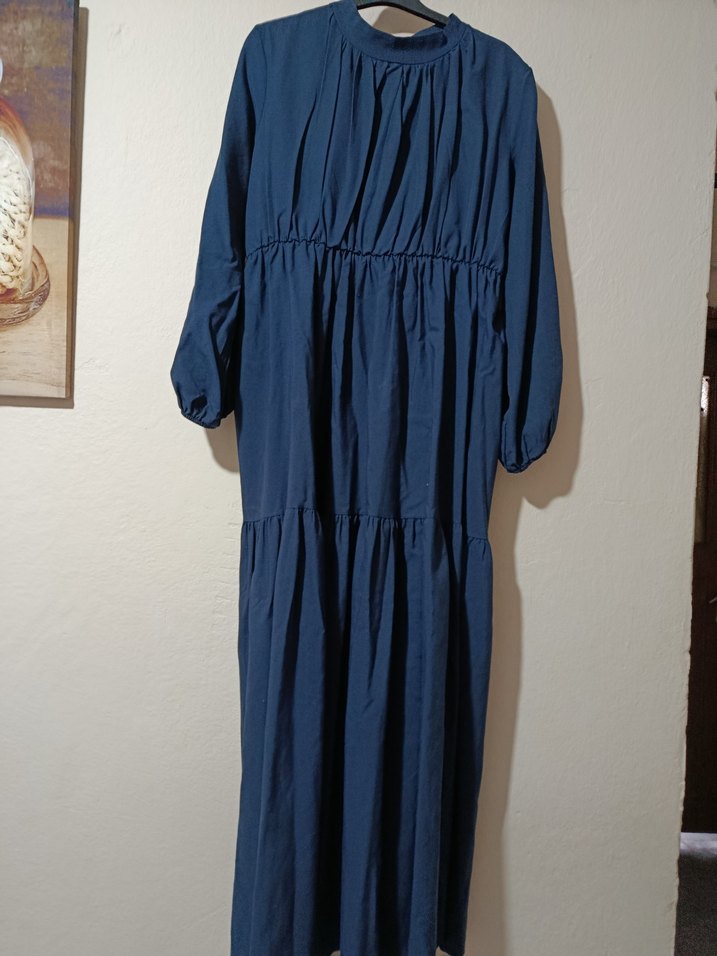 Lacivert Uzun Keten Elbise - Görsel 3