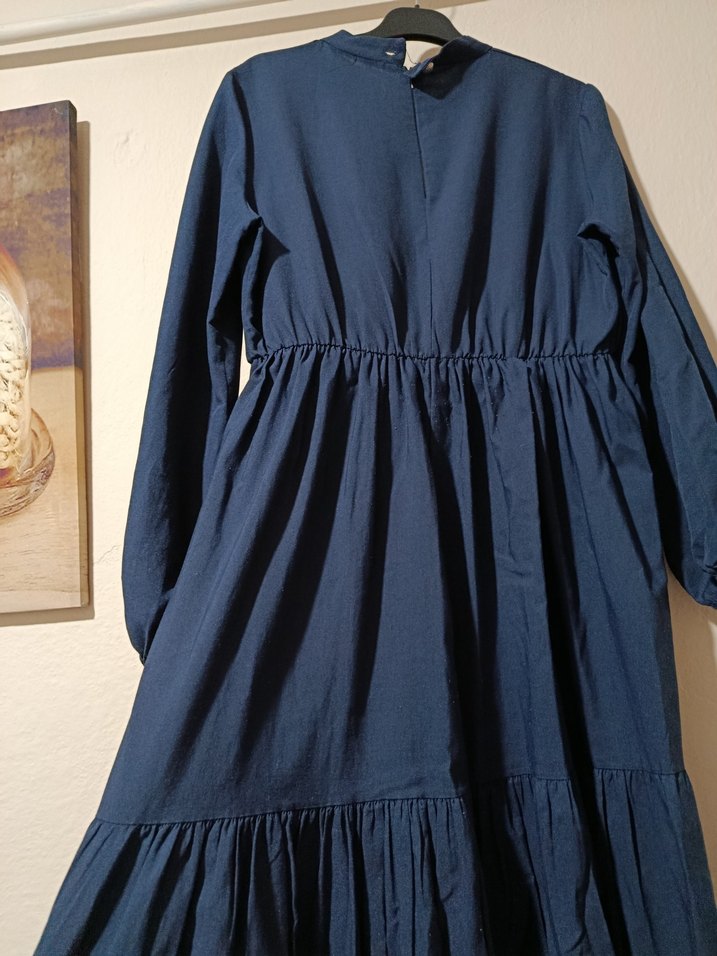 Lacivert Uzun Keten Elbise - Görsel 4