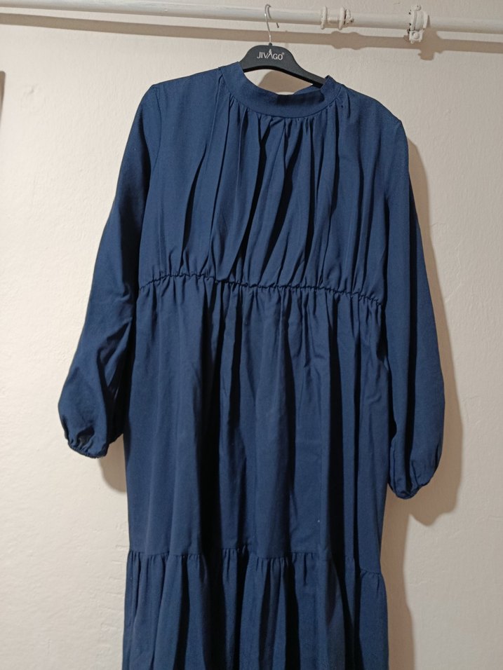 Lacivert Uzun Keten Elbise - Görsel 2