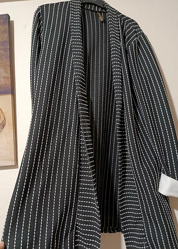 Düz Çizgili Siyah Midi Kadın Ceket - Görsel 2