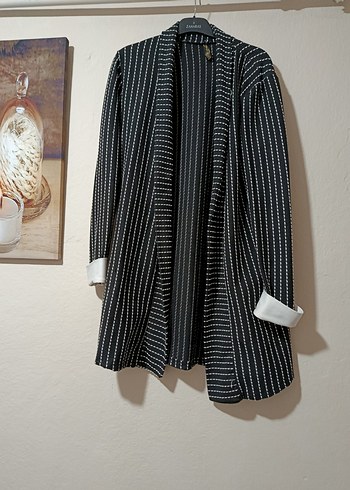 Düz Çizgili Siyah Midi Kadın Ceket - Görsel 3