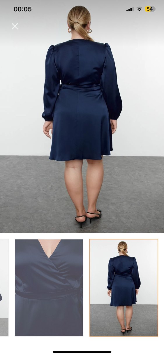 Parlak Lacivert Saten Midi Elbise - Görsel 3