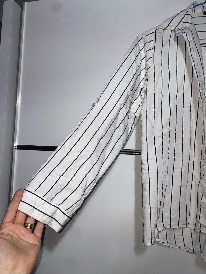 Çizgili Keten Kadın Gömlek - Görsel 3