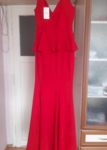 Kırmızı Uzun V Yaka Drapeli Abiye Elbise - Görsel 2