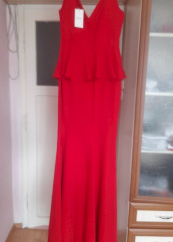 Kırmızı Uzun V Yaka Drapeli Abiye Elbise - Görsel 3