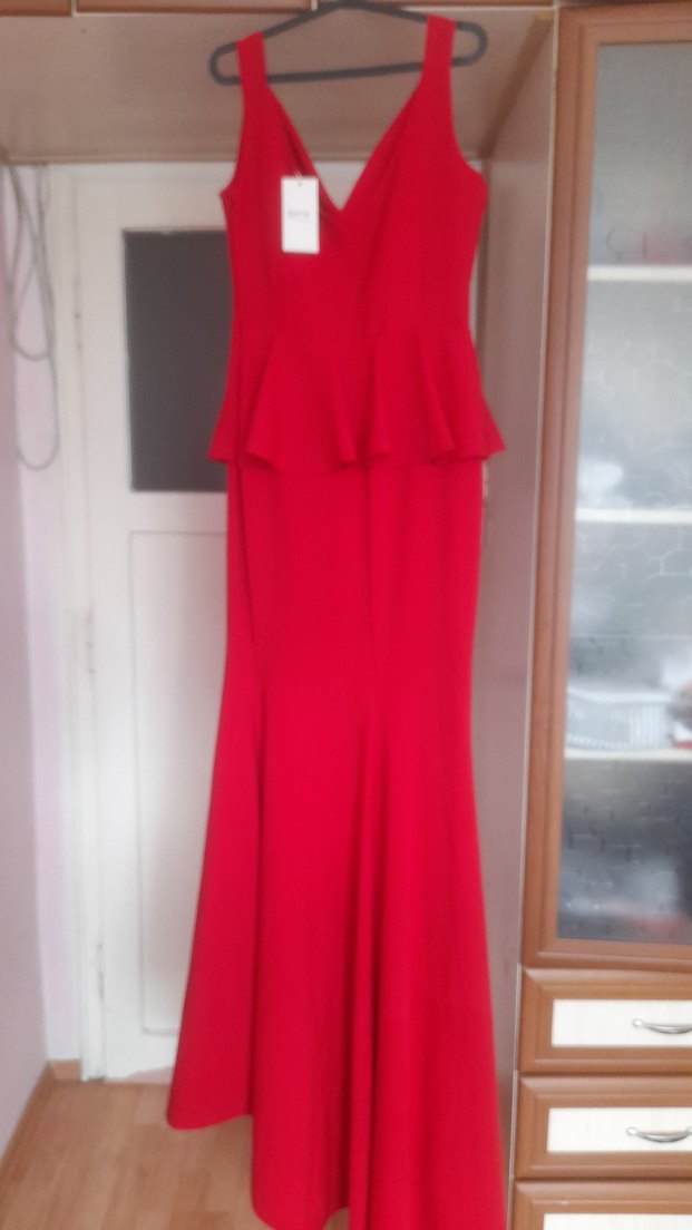 Kırmızı Uzun V Yaka Drapeli Abiye Elbise - Görsel 2