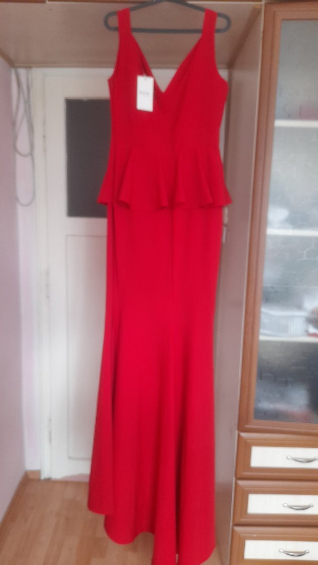 Kırmızı Uzun V Yaka Drapeli Abiye Elbise - Görsel 3