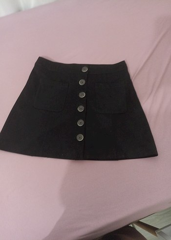 zara Düğmeli Siyah Süet Mini Etek
