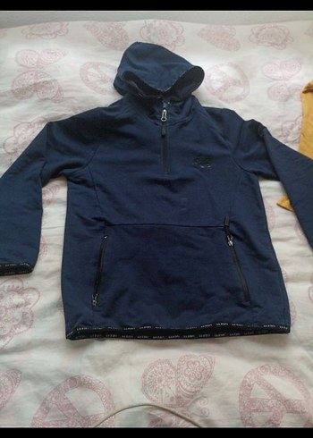 Erkek Kapüşonlu Fermuarlı Mavi sweatshirt - Görsel 4